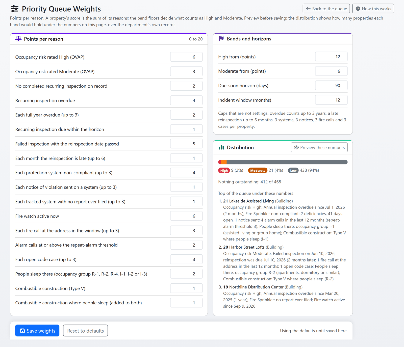 The Priority Queue Weights page in FireInspection360: points per reason for every factor, the band floors, and a preview of how many properties would fall into High, Moderate and Low with the top of the queue and its printed reasons (sample data)